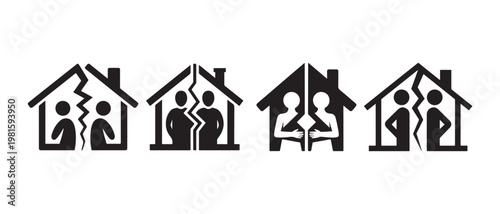 House Icons Symbolizing Divorce and Family Separation, Illustrating Relationship Breakup Problems.