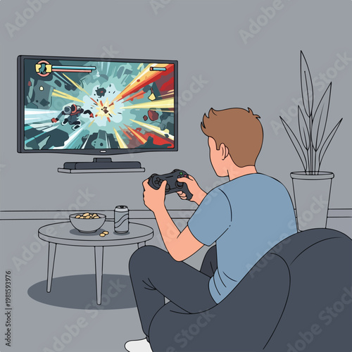 Young man playing action video game on big TV from beanbag chair with snack bowl