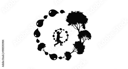 Childhood wonder as water drops transform into trees in a circular journey