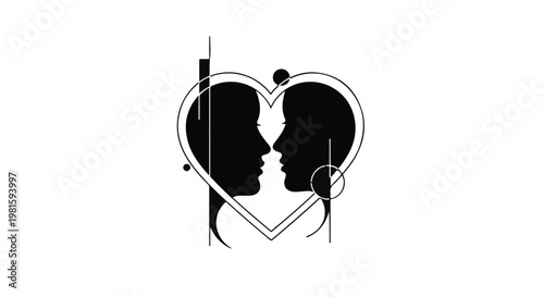 Silhouettes of two faces forming a heart, symbolizing love and connection with abstract lines.