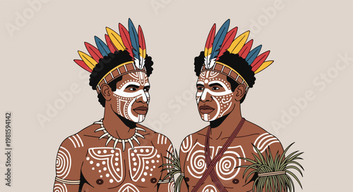 Detailed illustration of two indigenous men with tribal paint and headdresses