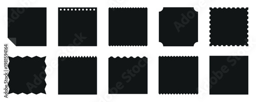 Set of 10 black square silhouettes with various edges. Different square edges, including zigzag, scalloped, and straight. Square shapes with unique borders. Memo element vector set.