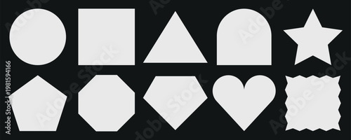 Set of geometric shapes: circle, square, triangle, arch, star, pentagon, octagon, diamond, heart, and zigzag. Simple geometric shapes on a dark background. Memo element vector set.