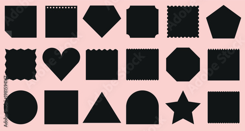 Set of 18 black geometric shapes on a pink background. Includes circle, star, heart, triangle, and more. Shapes for design, geometric shapes for creativity. Memo element vector set.