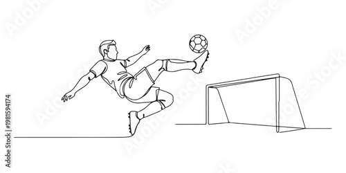 Professional soccer athlete in action with ball and goal net vector illustration.