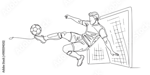 Professional soccer athlete in action with ball and goal net vector illustration.