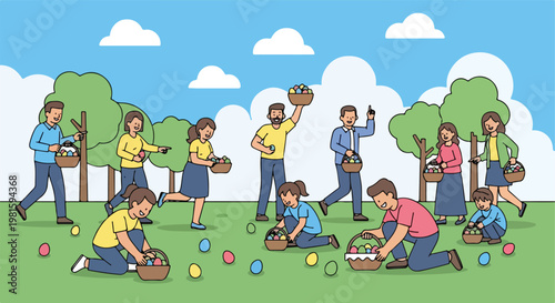 People collecting colorful eggs in a sunny park during a joyful Easter egg hunt