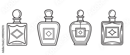 Perfume Bottle Line Art Icon Set. Diverse Fragrance Containers in Minimalist Style Isolated on White Background.