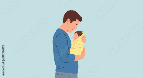 Flat vector illustration of a loving father cradling his swaddled newborn baby
