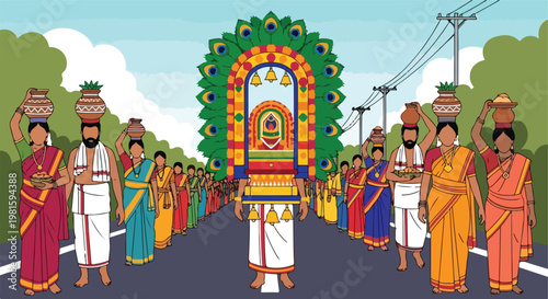 Vibrant flat illustration of a South Indian religious festival parade on a road