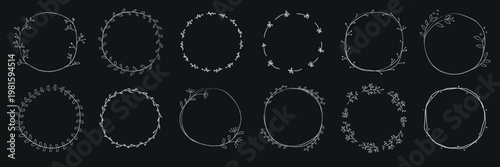 Set of 12 circular floral frames. Delicate floral designs in circles. Perfect for decorative floral borders. Elegant floral frame collection for design. Frame element vector set.