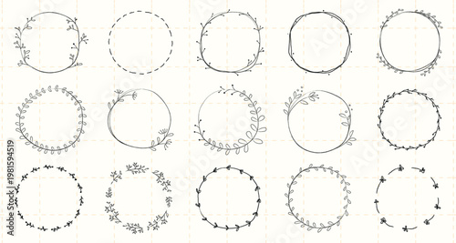 Set of 15 hand-drawn floral wreaths. Each wreath features unique floral designs. Perfect for floral-themed projects, invitations, or decor. Floral wreaths add elegance. Frame element vector set.