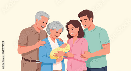Happy multi-generational family smiling at a swaddled newborn baby together