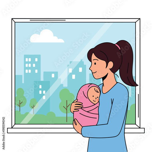 A smiling woman lovingly holds her swaddled newborn baby in front of the window