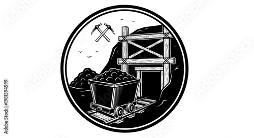 Monochrome Illustration of a Coal Mine Entrance with Cart.