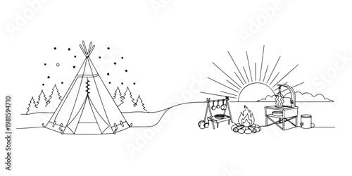 Continuous line art panorama of outdoor camping with teepee tent and campfire.