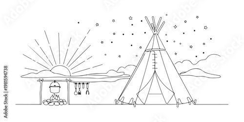 Continuous line art panorama of outdoor camping with teepee tent and campfire.