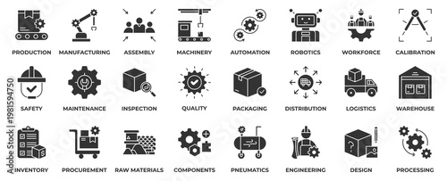 Factory Icon Set. With Icon factory, production, manufacturing, assembly, machinery, automation, robotics, workforce, calibration, safety and maintenance. Glyph Style Icon Vector Illustration.