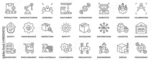 Factory Icon Set. With Icon factory, production, manufacturing, assembly, machinery, automation, robotics, workforce, calibration, safety and maintenance. Outline Style Icon Vector Illustration.