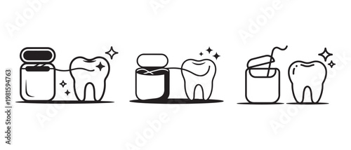 Dental Flossing Process with Shiny Teeth and Floss Container Icons, Illustrating Oral Hygiene Steps.
