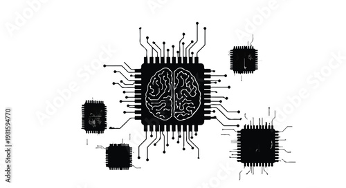 black circuit board with brain chip microchip illustration