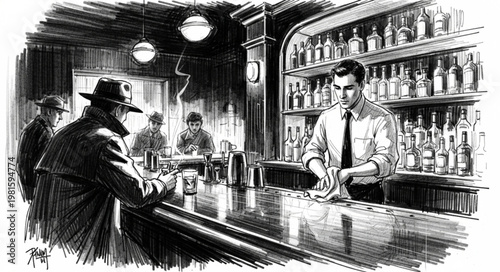 Monochrome illustration of a man in a bar with a bartender.