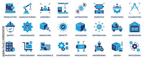 Factory Icon Set. With Icon factory, production, manufacturing, assembly, machinery, automation, robotics, workforce, calibration, safety and maintenance. Solid Style Icon Vector Illustration.