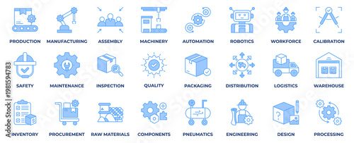 Factory Icon Set. With Icon factory, production, manufacturing, assembly, machinery, automation, robotics, workforce, calibration, safety and maintenance. Blue Style Icon Vector Illustration.
