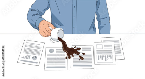 Man spills coffee over business charts and documents on a white office desk