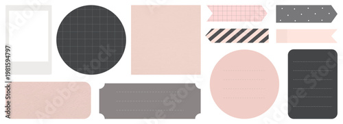 Assorted pastel and dark labels in various shapes: circles, rectangles, and arrows. Perfect for scrapbooking, journaling, and crafts. Labels in soft pink and gray. Memo element vector set.