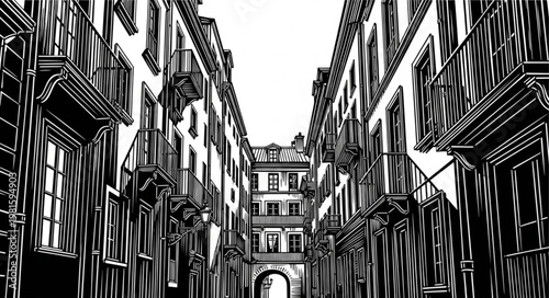 Monochrome View of a Narrow European Street with Tall Buildings.