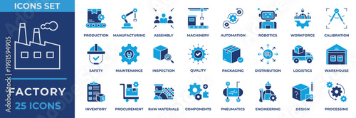 Factory Icon Set Collection. Containing factory, production, manufacturing, assembly, machinery, automation, robotics, workforce, calibration, safety and maintenance. Flat Icon Vector Illustration.