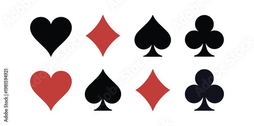 Playing card suit icons heart diamond spade club symbols vector casino poker game design illustration set