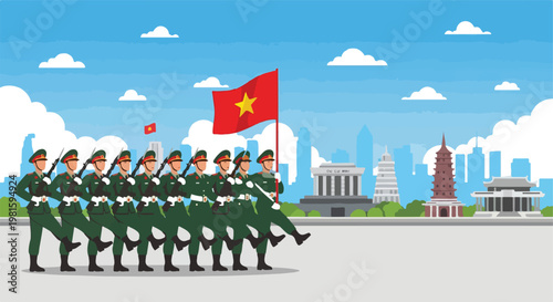 Soldiers in green uniforms march with a red flag past iconic city landmarks now