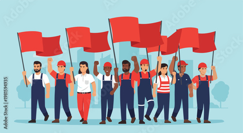Diverse laborers march with red flags and raised fists during city protest rally