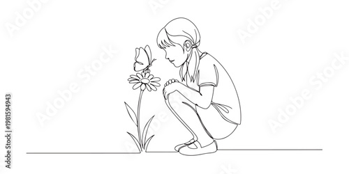 Symbolic nature exploration vector with kid watching butterfly in garden.