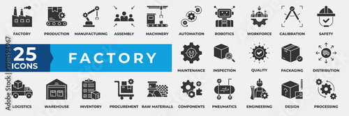 Factory Icon Set. Containing factory, production, manufacturing, assembly, machinery, automation, robotics, workforce, calibration, safety and maintenance. Simple Solid Icon Vector Illustration.