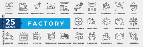 Factory Icon Set. Containing factory, production, manufacturing, assembly, machinery, automation, robotics, workforce, calibration, safety and maintenance. Simple Line Icon Vector Illustration.