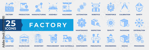 Factory Icon Set. Containing factory, production, manufacturing, assembly, machinery, automation, robotics, workforce, calibration, safety and maintenance. Simple Blue Icon Vector Illustration.