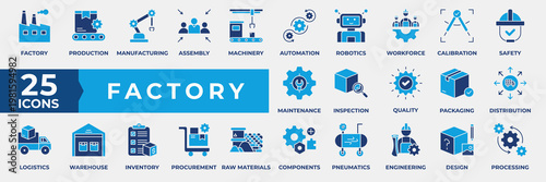 Factory Icon Set. Containing factory, production, manufacturing, assembly, machinery, automation, robotics, workforce, calibration, safety and maintenance. Simple Flat Blue Icon Vector Illustration.