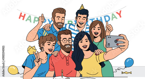 Diverse friends smiling while taking a selfie at a birthday party with a banner