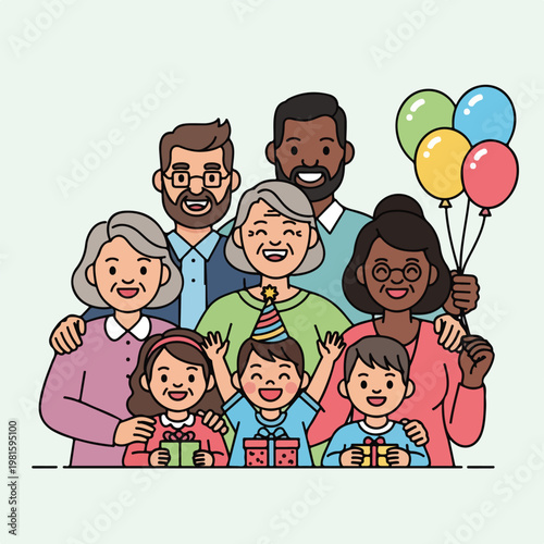 A happy multi-ethnic family celebrating birthday with balloons and gifts vector