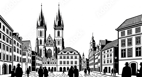 Old Town Square, Prague - A Detailed Architectural Illustration.