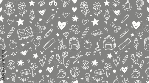 Hand-drawn school and education doodles seamless pattern on gray background.