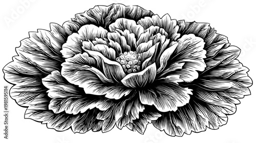 Detailed monochrome sketch of a peony with intricate petal linework and textured center