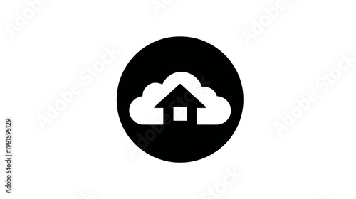House within a cloud in a black circle over a white background, simple icon