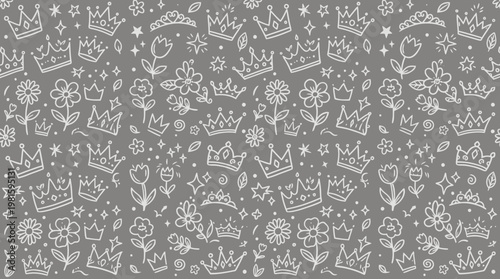 Seamless hand-drawn doodle pattern with crowns skulls hearts and stars on gray background.