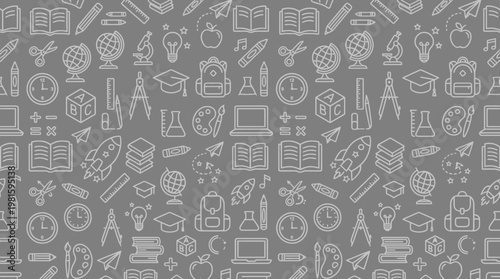 Seamless education and school icons pattern on gray background.