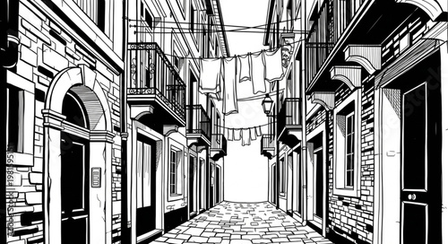 Narrow European Street with Laundry Hanging Overhead in Black and White.