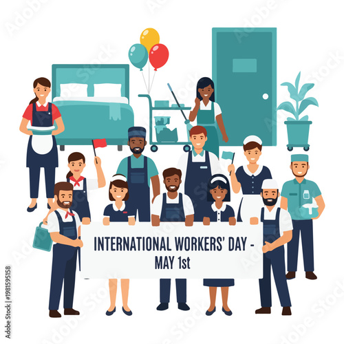 Diverse hotel workers holding a banner for International Workers' Day on May 1st